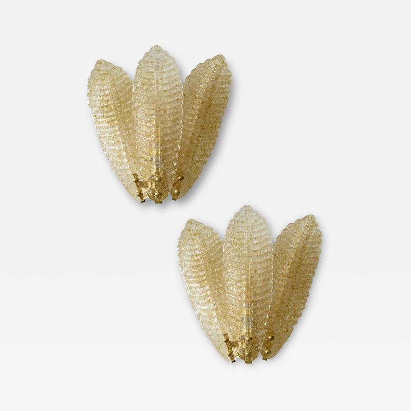 Luxury Venetian Set of Two Wall Sconces in Amber Graniglia Leaves Murano Glass