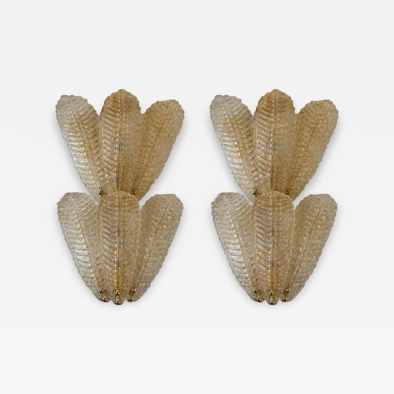 Luxury Venetian Wall Sconces in Amber Graniglia Leaves Murano Glass Set of Two