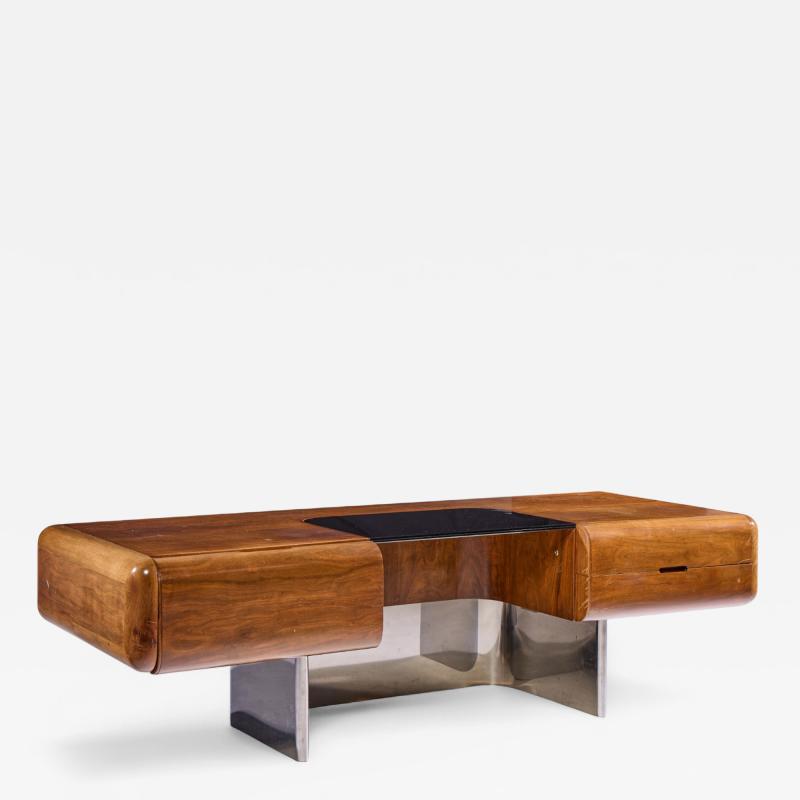 M F Harty M F Harty for Stow Davis Mid Century Walnut Chrome and Glass Executive Desk