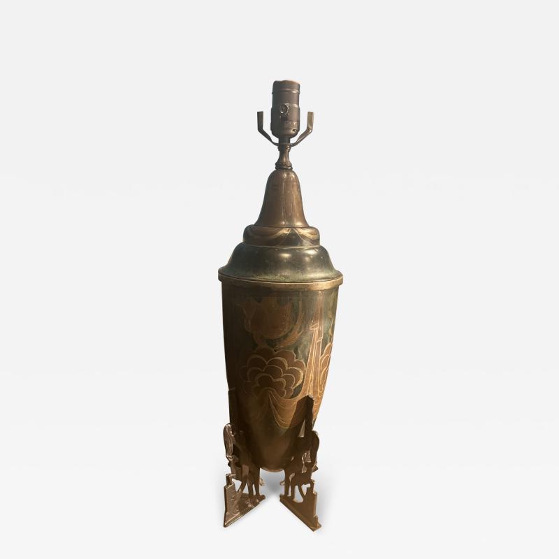 M POINCET FRENCH ART DECO BRONZE STYLIZED FLOWER DINANDERIE VASE LAMP BY M POINCET