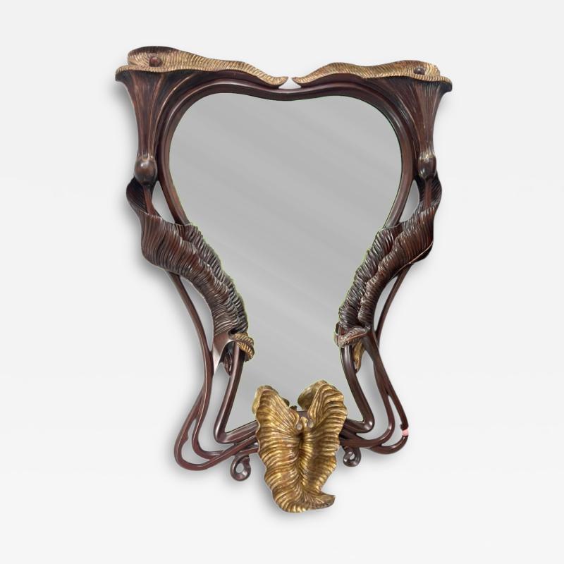 MAGNIFICIENT ART NOUVEAU MAHOGANY GILT LEAF WITH VINES FORM MIRROR