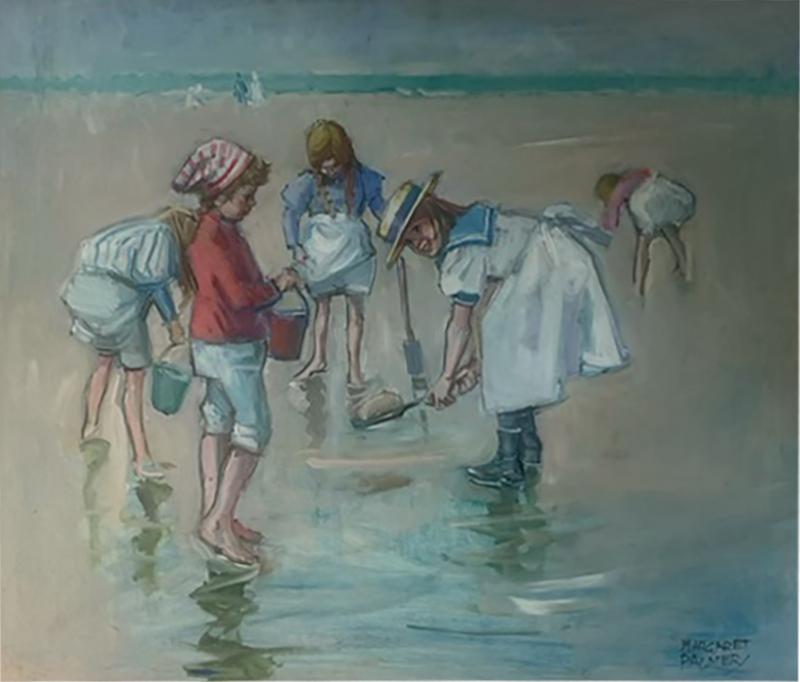 MARGARET PALMER LOVELY BEACHSIDE CHILDREN DIGGING IN SAND PAINTING BY MARGARET PALMER