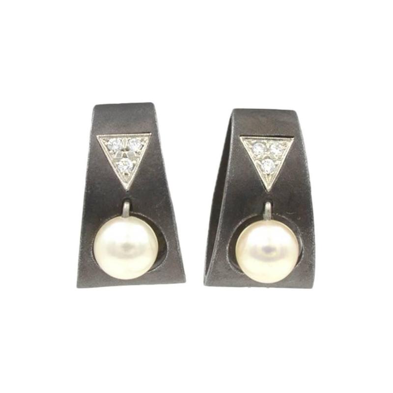 MARSH BLACKENED STAINLESS STEEL EARRINGS WITH PEARLS AND DIAMONDS CIRCA 1930
