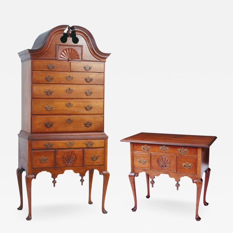 MATCHING QUEEN ANNE BONNET TOP HIGH CHEST AND DRESSING TABLE