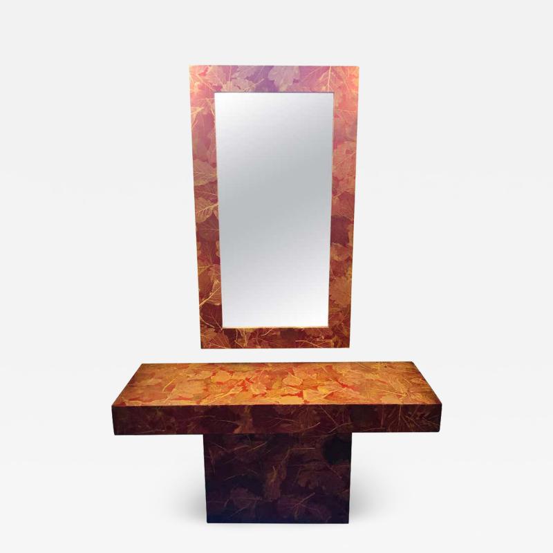 MCM Gold Leave Design Decoupage Painted Console Vanity with Matching Mirror