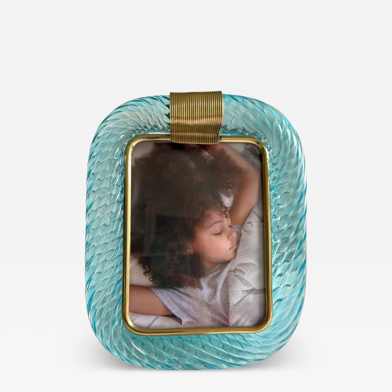 MCM Style Light Blue Torchon Murano Glass Small Picture Frame and Brass