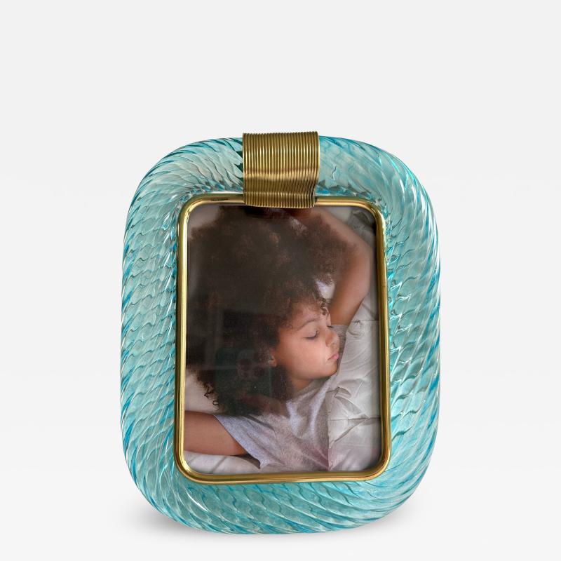 MCM Style Light Blue Torchon Murano Picture Frame and Brass in Barovier Style