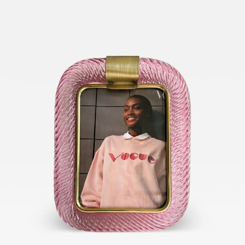 MCM Style Pink Torchon Murano Glass Small Picture Frame and Brass