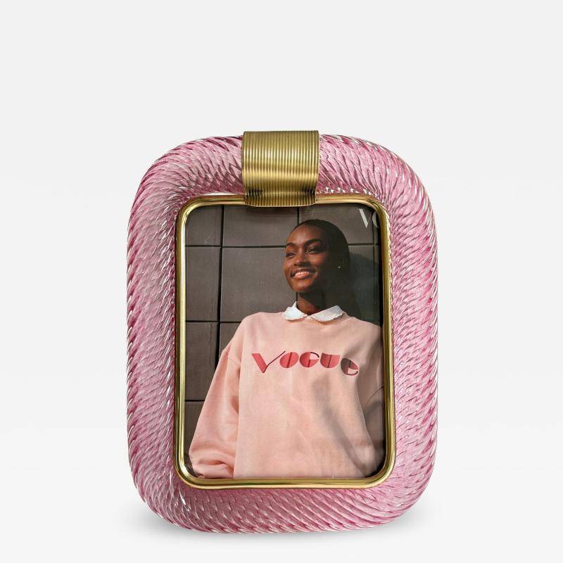 MCM Style Pink Torchon Murano Small Picture Frame and Brass in Barovier Style
