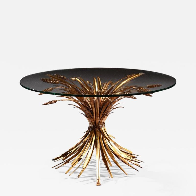 MID 20TH CENTURY GILT METAL WHEAT SHEAF TABLE WITH GLASS TOP