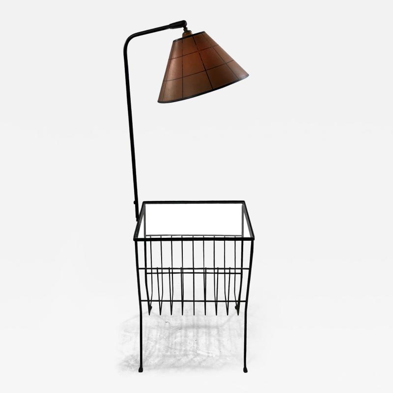 MID CENTURY BLACK IRON MODERNIST MAGAZINE RACK TABLE FLOOR LAMP