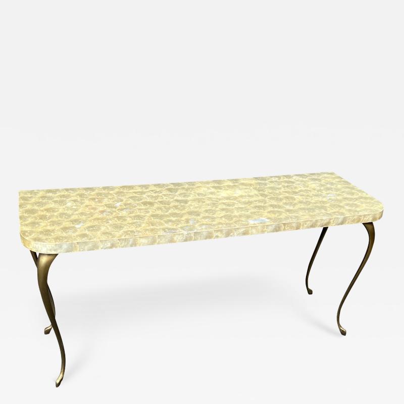 MID CENTURY CAPIZ SHELL AND BRONZE LOW CONSOLE TABLE