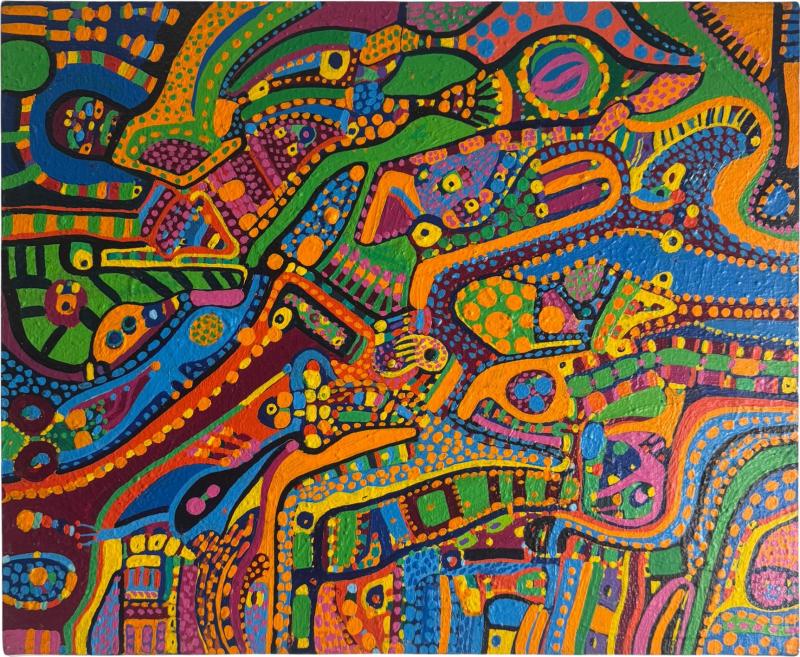 MID CENTURY COLORFUL COMPLEX ABSTRACT PAINTING ON BOARD BY LOUISE ABRAMS