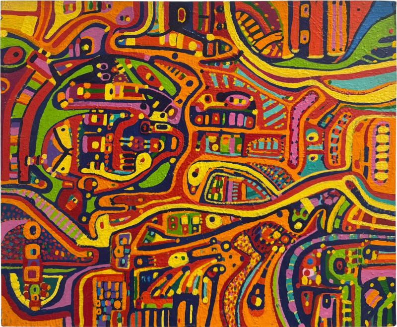 MID CENTURY COLORFUL COMPLEX ABSTRACT PAINTING ON BOARD BY LOUISE ABRAMS