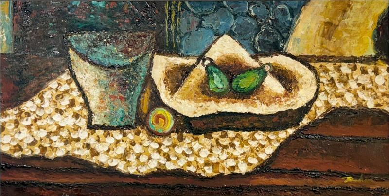 MID CENTURY CUBIST STILL LIFE OF BOWL WITH FIGS SIGNED