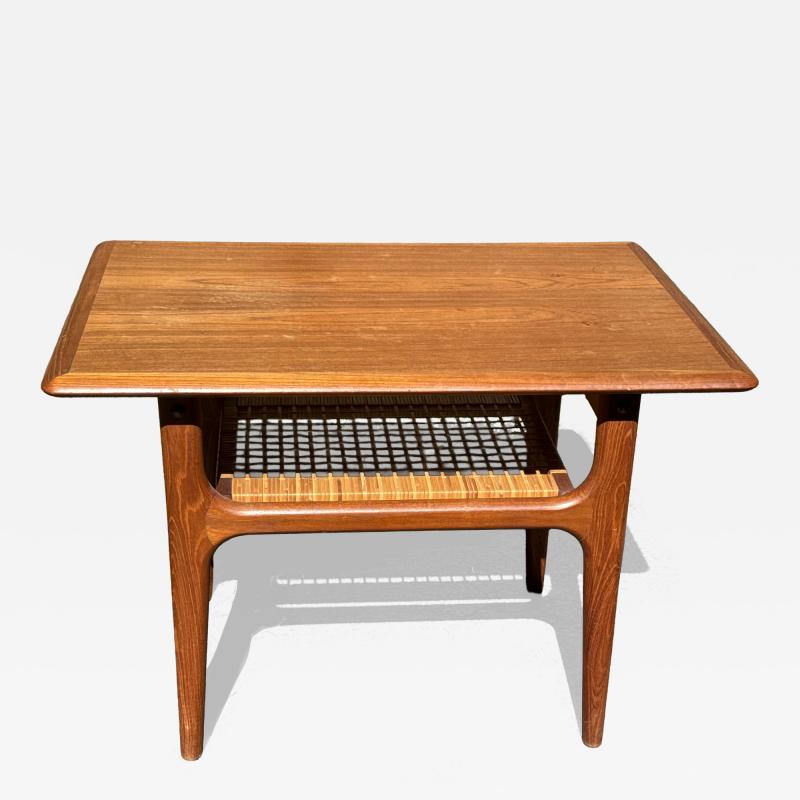 MID CENTURY DANISH MODERN TEAK WITH RATTAN SHELF TABLE