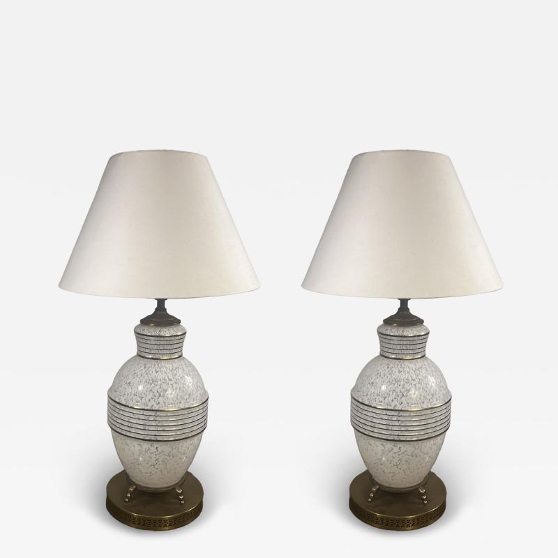 MID CENTURY FRENCH WHITE MOTTLED GLASS AND GOLD RINGED GLASS LAMPS