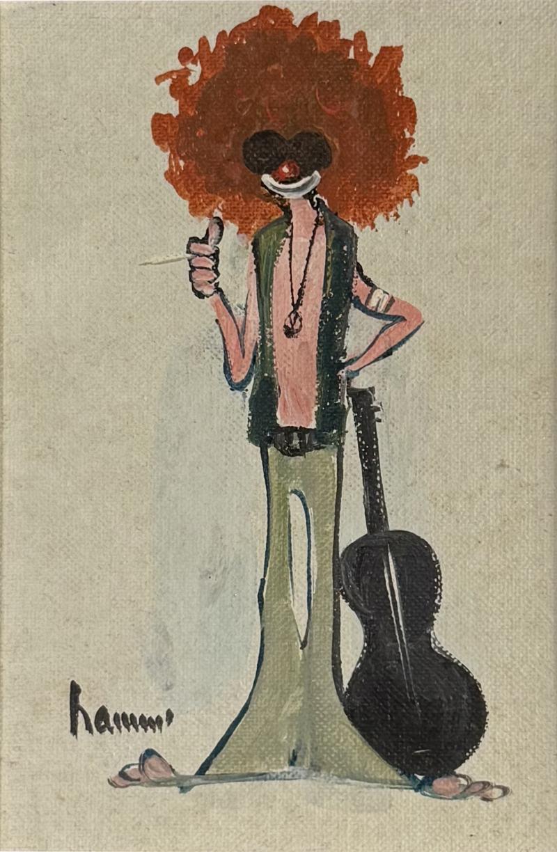 MID CENTURY HIPPY CLOWN WITH GUITAR PAINTING