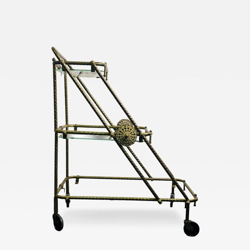 MID CENTURY ITALIAN BRASS AND GLASS TRIPLE TIER BAR CART