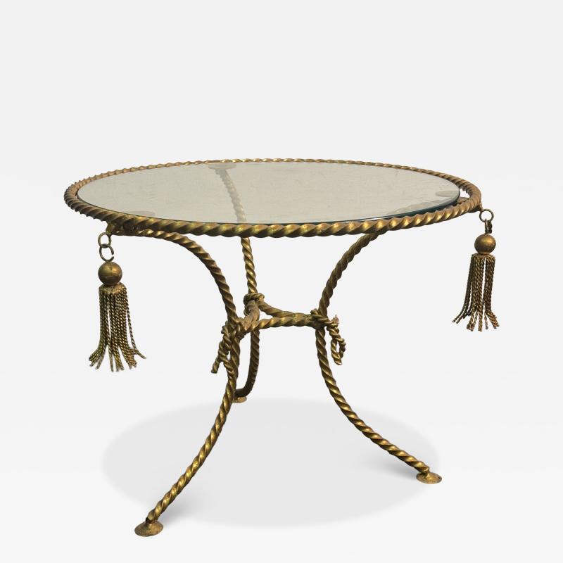 MID CENTURY ITALIAN GILT METAL ROPE AND TASSLE THREE LEGGED SIDE TABLE