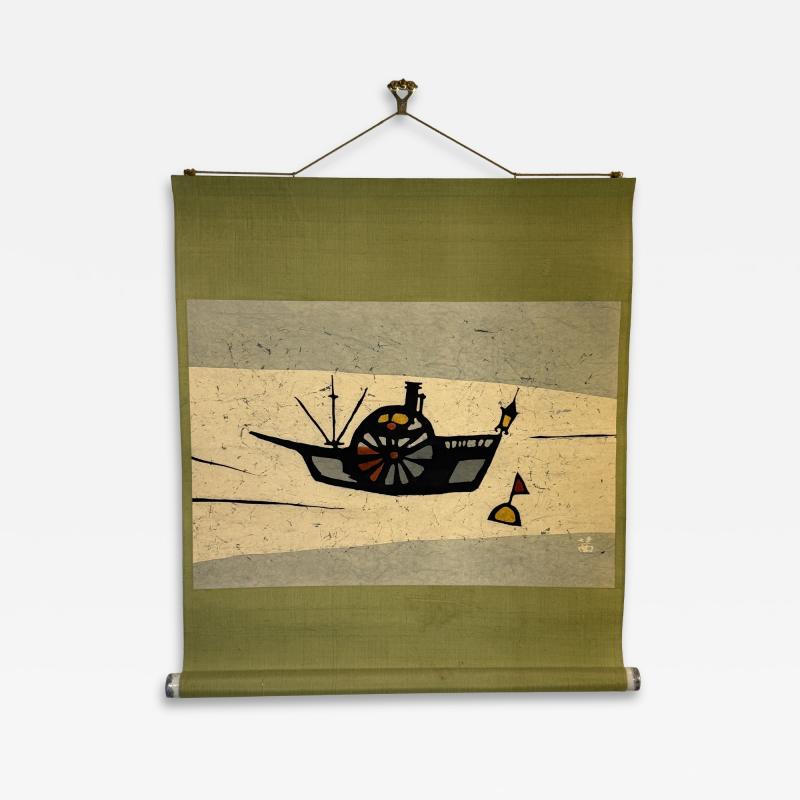 MID CENTURY JAPANESE RICE PAPER SCROLL OF A BOAT BUOY