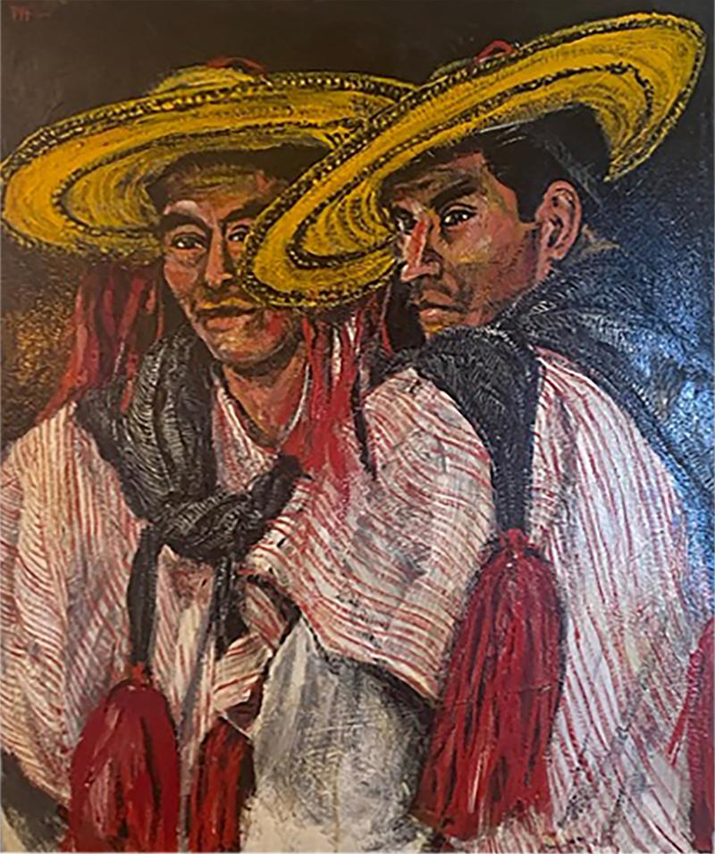 MID CENTURY MEXICAN MEN WITH SOMBREROS AND SERAPES PAINTING IN ORIGINAL FRAME