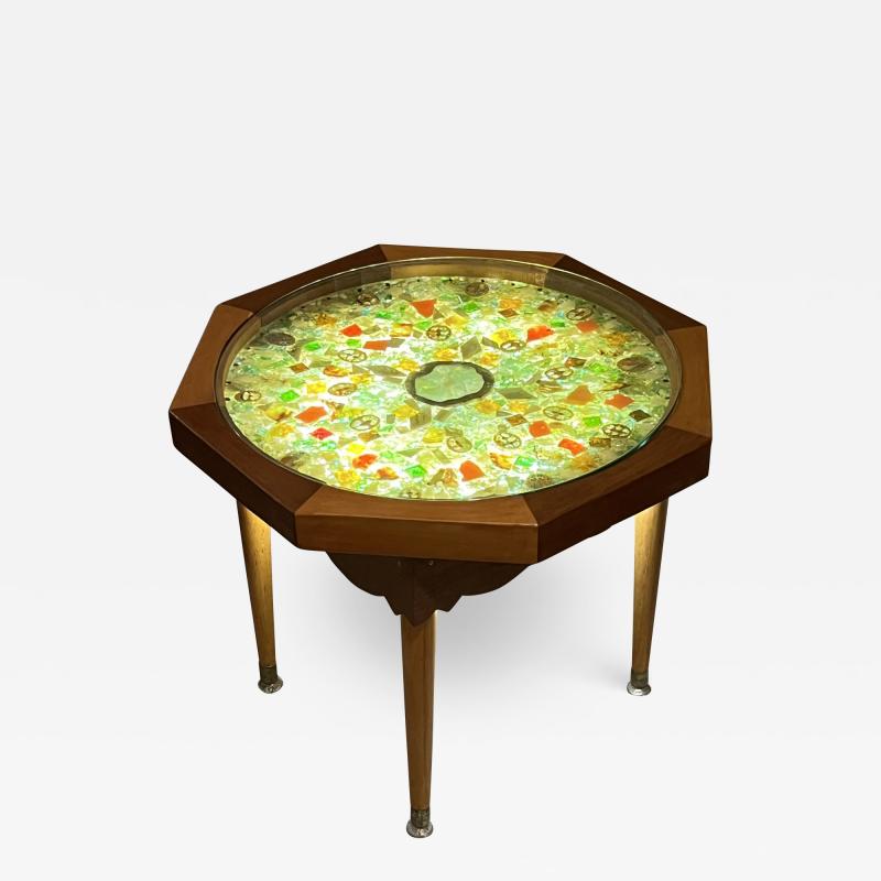 MID CENTURY QUARTZ AND SHELL ILLUMINATED RESIN TOP TABLE