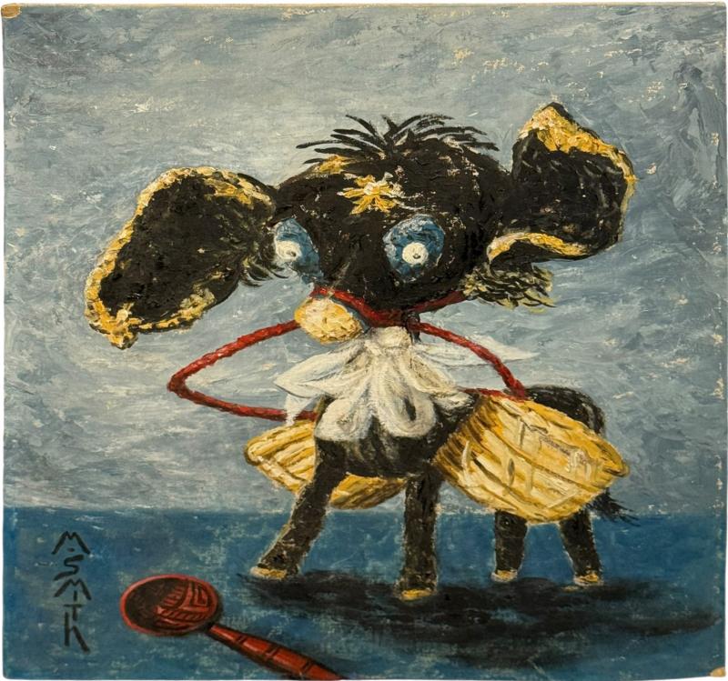 MID CENTURY RAFFIA DONKEY FIGURE PAINTING SIGNED M SMITH