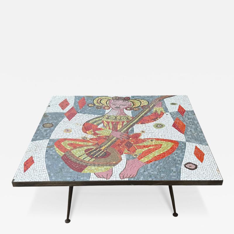 MID CENTURY RICHLY COLORED GLASS MOSAIC WOMAN PLAYING GUITAR COFFEE TABLE