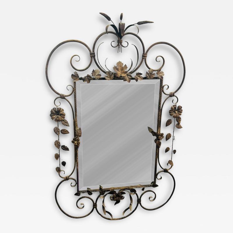 MID CENTURY SCROLLED FLOWER LEAVES METAL DECORATED FRAMED MIRROR