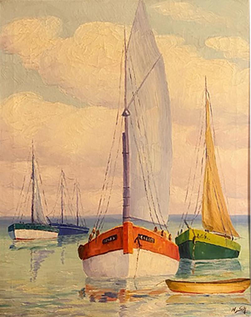 MID CENTURY SERENE SAILBOATS WITH VIOLET HUED HORIZON PAINTING SIGNED
