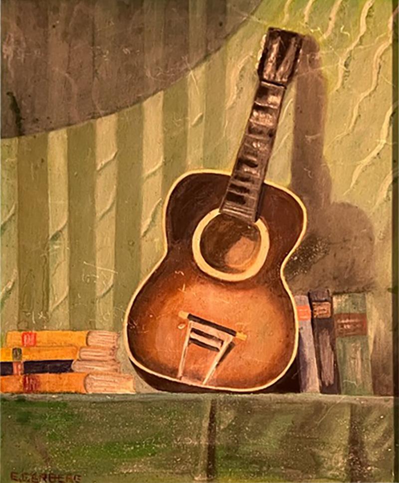 MID CENTURY STILL LIFE WITH GUITAR PAINTING SIGNED E GERBERG