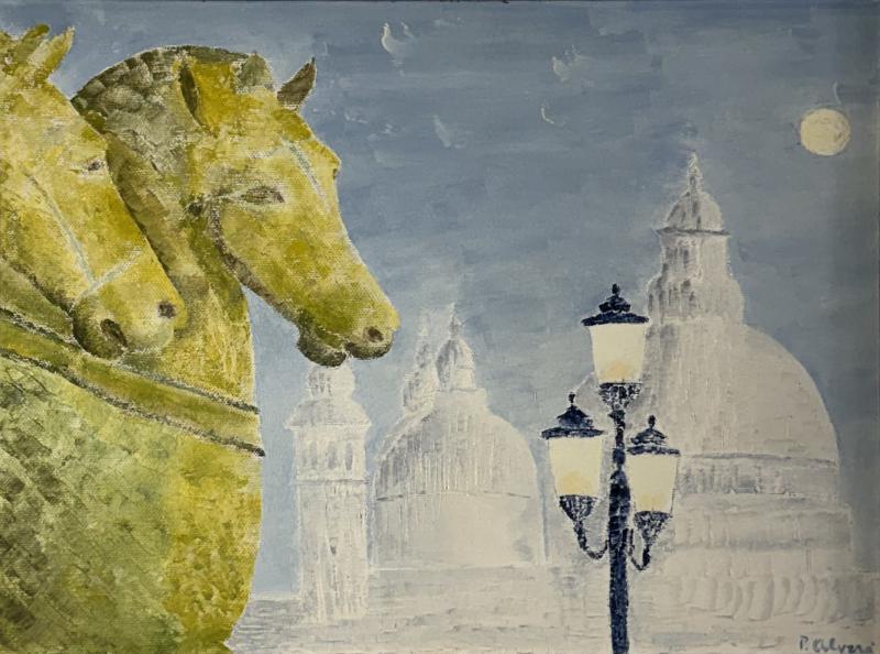 MID CENTURY THE BRONZE HORSES OF SAINT MARKS VENICE PAINTING