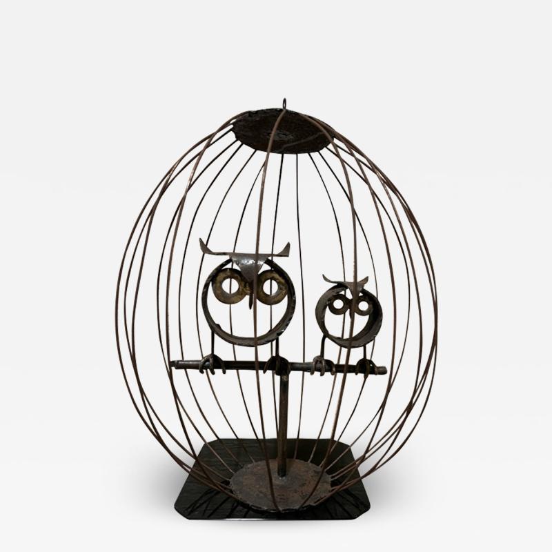 MIXED METALS BRUTALIST OWLS IN CAGE SCULPTURE