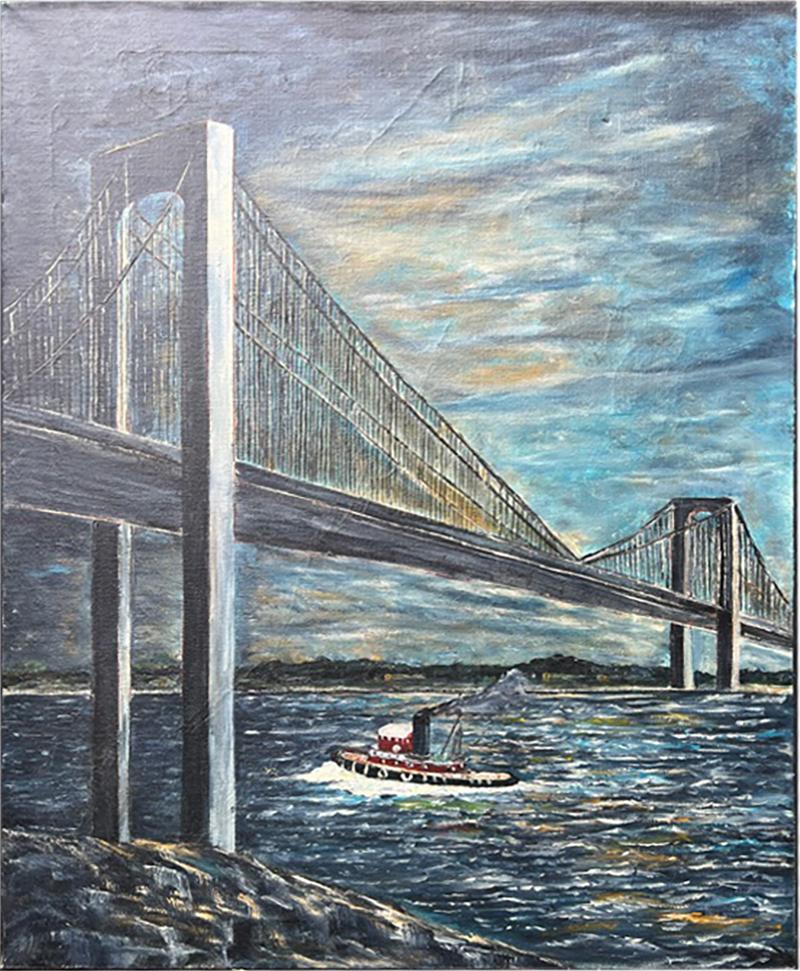 MODERN BRIDGE AND TUG BOAT PAINTING