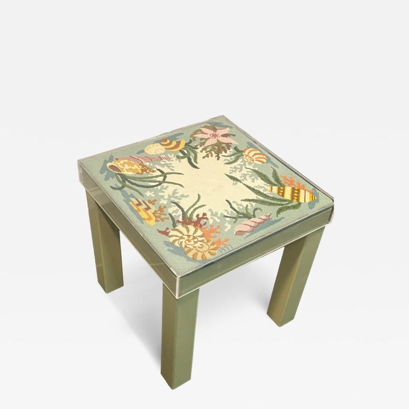 MODERN COLORFUL SEA SHELL SEA LIFE NEEDLEPOINT LUCITE TOP TABLE