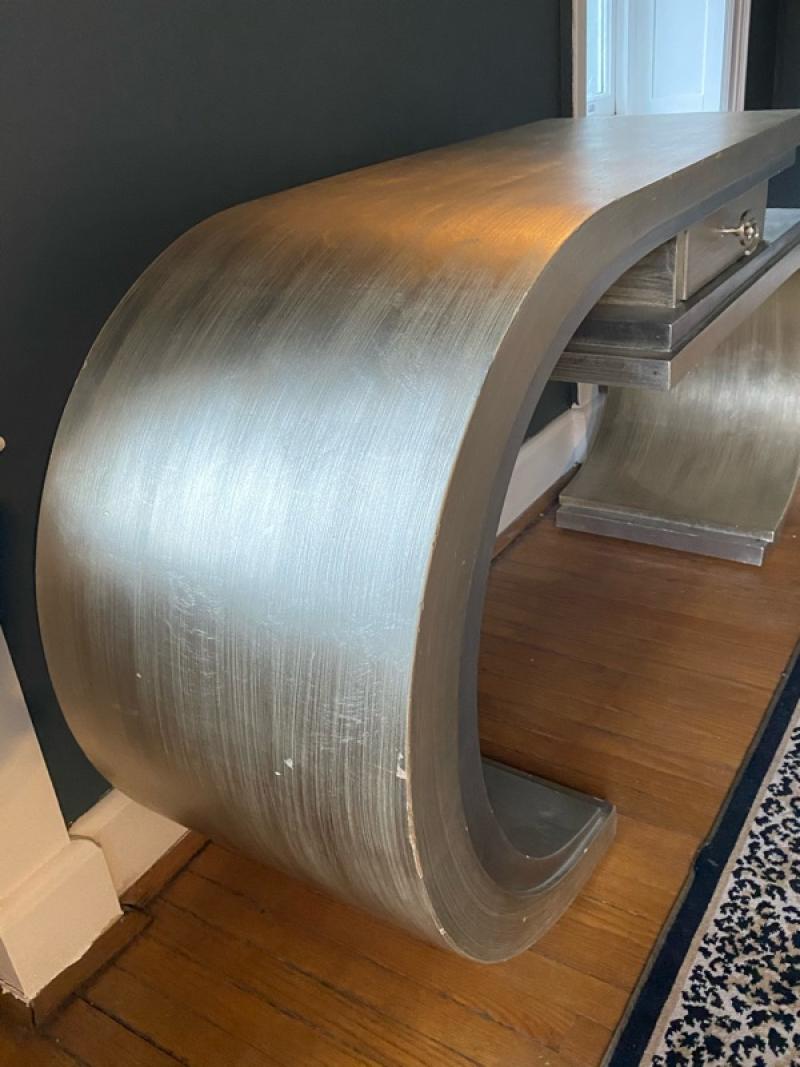 MODERN CURVED SILVER LEAF CONSOLE WITH DRAWER