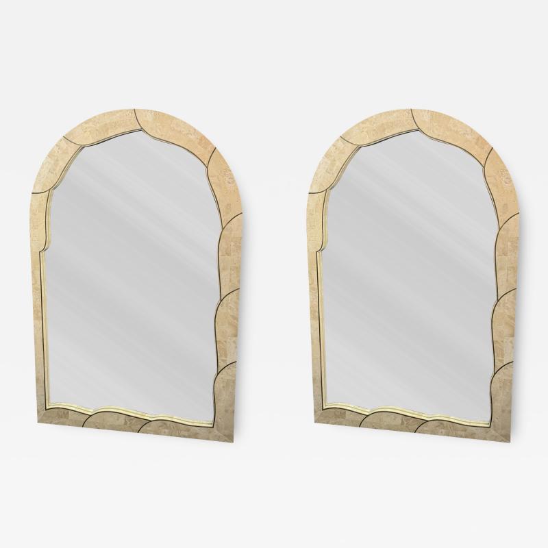 MODERN CURVED TESSELLATED TAUPE CREAM MARBLE INLAID BRASS MIRRORS