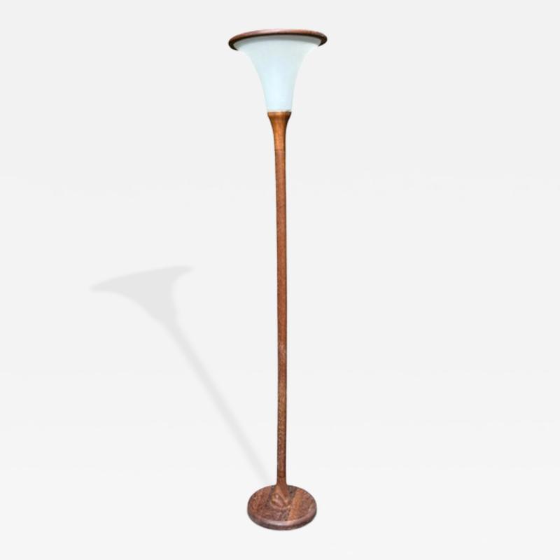 MODERN DANISH TEAK TORCHIERE WITH WHITE GLASS TEAK RIM SHADE