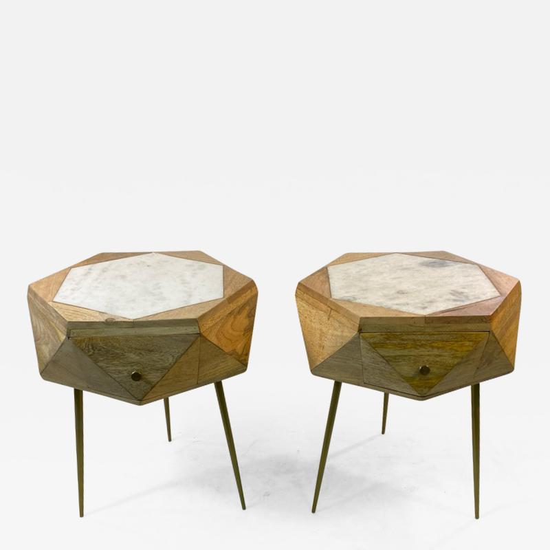 MODERN ITALIAN PAIR OF MULTI FACETED HEXAGONAL WOOD AND MARBLE TRIPOD TABLES