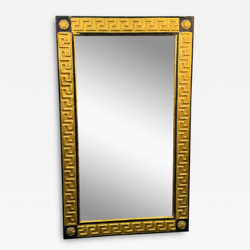 MODERN NEOCLASSICAL BLACK AND GOLD WOOD GREEK KEY MIRROR