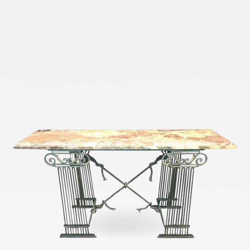 MODERN NEOCLASSICAL MARBLE AND DECORATIVE MIXED METALS COLUMN BASE CONSOLE