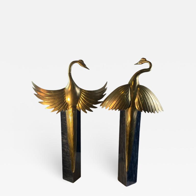 MODERNIST BRASS EXOTIC BIRDS ON MARBLE PEDESTAL SCULPTURES