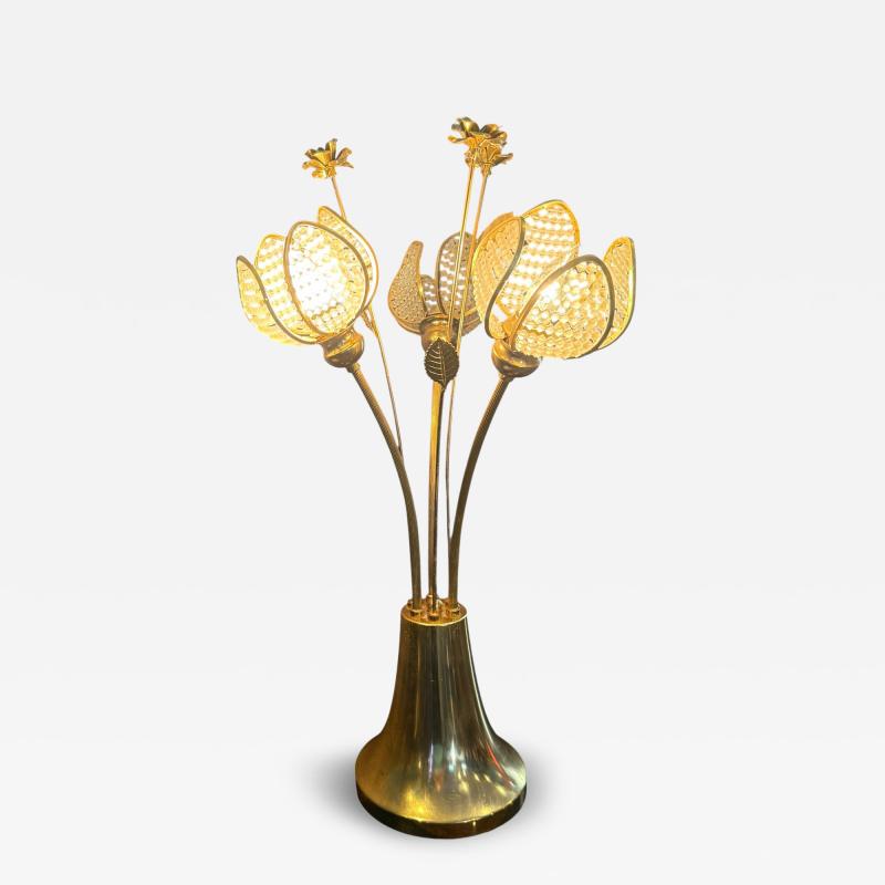 MODERNIST BRASS ROSES AND CRYSTAL THREE FLOWER LAMP