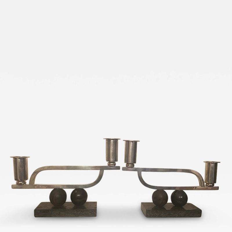 MODERNIST PAIR OF STERLING AND WOOD ART DECO CANDLESTICKS