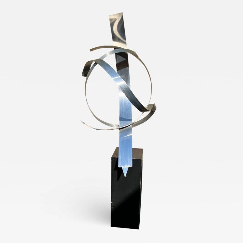 MODERNIST STEEL BAND SPHERE SCULPTURE ON STAND