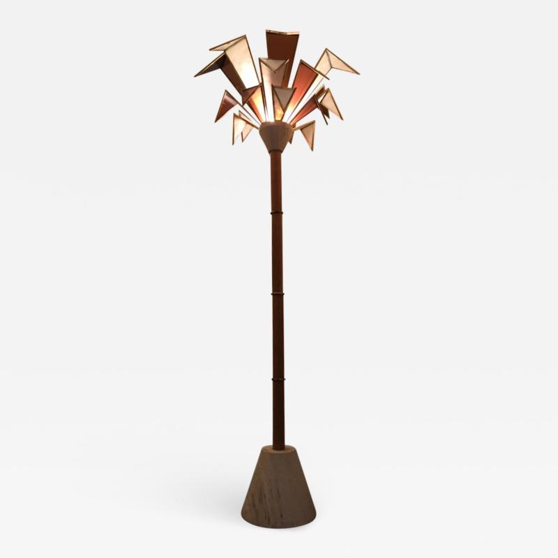 MODERNISTIC ITALIAN FRAMED GLASS AND TRAVERTINE MARBLE PALM TREE FLOOR LAMP