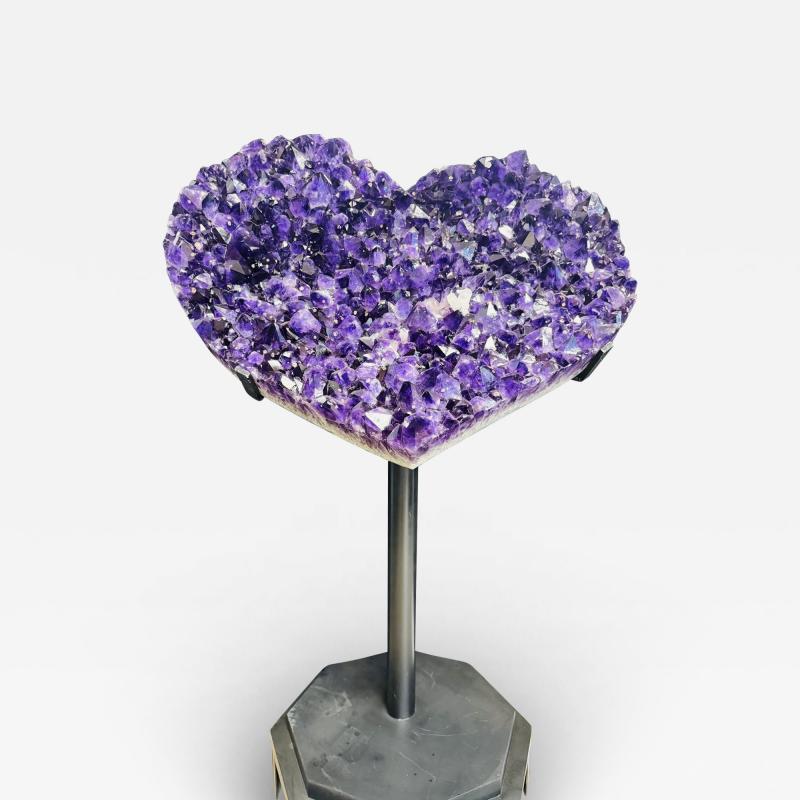MONUMENTAL AMETHYST POINT FLUORITE AND CALCITE HEART SCULPTURE ON CUSTOM STAND