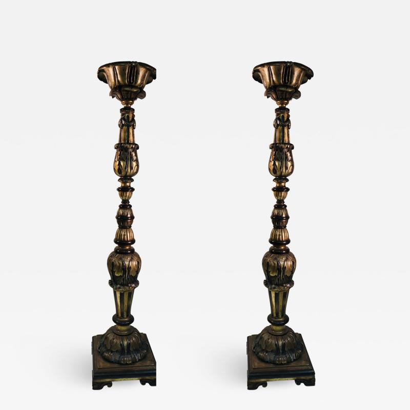 MONUMENTAL PAIR OF ORNATE BAROQUE CARVED WOOD TORCHIERES
