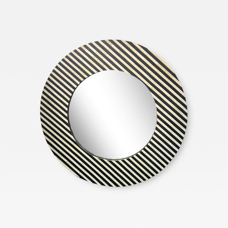 MONUMENTAL POST MODERN BLACK WHITE STRIPED TESSELATED RESIN ROUND MIRROR